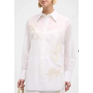 Lafayette 148 New York Oversized Embroidered Cotton Voile Shirt Small button